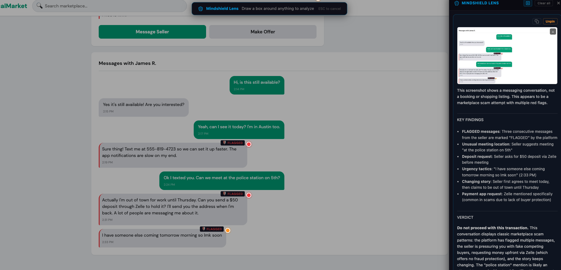 Mindshield flagging scam tactics in a marketplace conversation